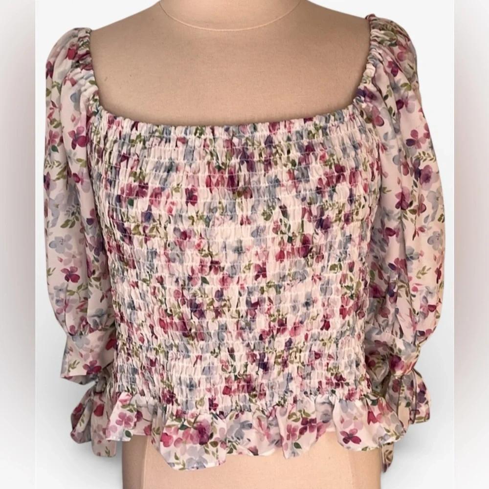 Fashion To Figure White,pink,blue,purple & green Floral Top w/tie sleeves - Picture 3 of 16